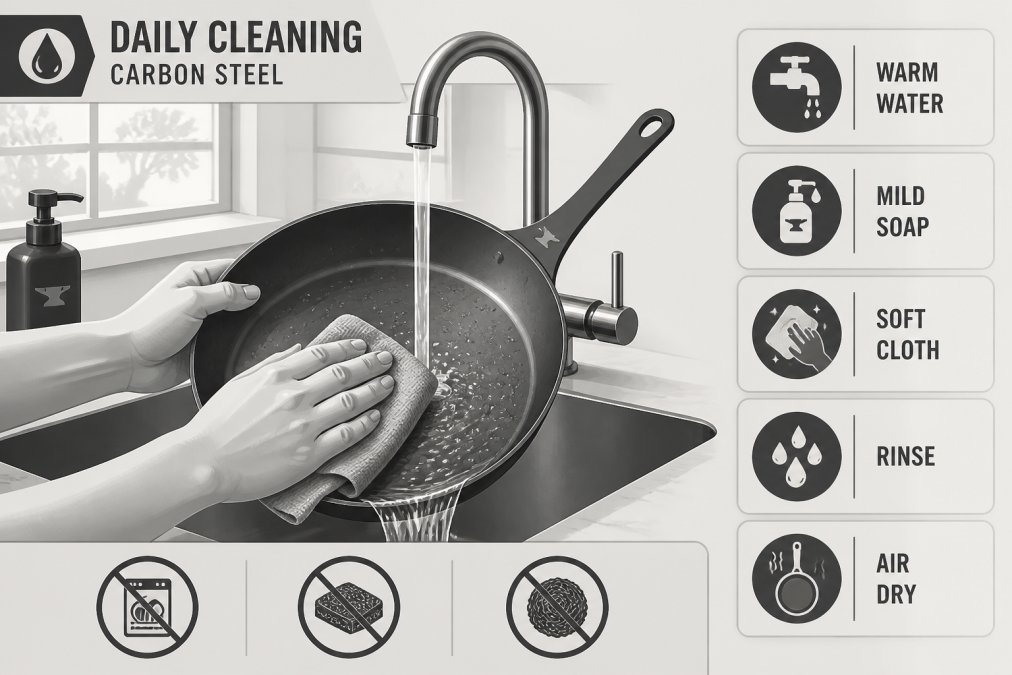 Hands washing a carbon steel pan under running water with a soft cloth, showing proper hand-washing technique in a bright kitchen sink with natural window lighting