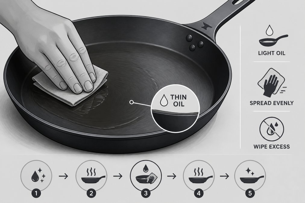 Close-up of a carbon steel pan with a thin layer of oil being wiped across the cooking surface with a cloth, showing the seasoning application technique in warm kitchen lighting