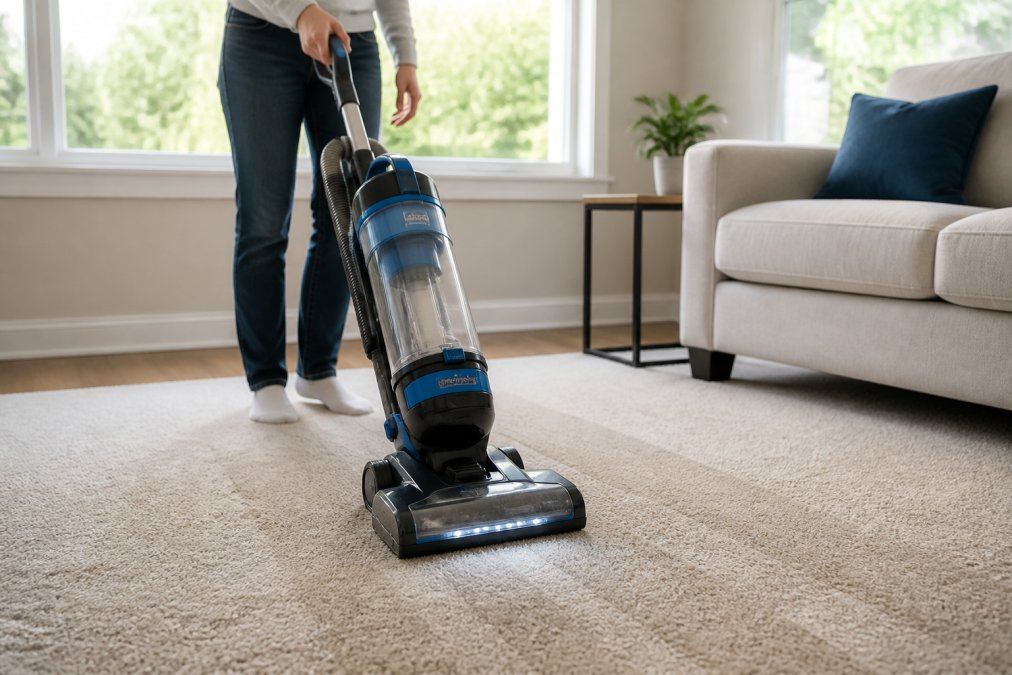 Homeowner using an upright vacuum with HEPA filtration on a light beige carpeted living room floor, demonstrating slow, deliberate overlapping strokes with natural window lighting