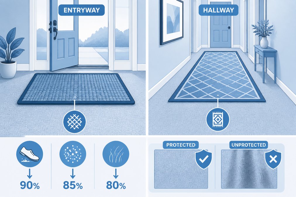 Entryway with a protective woven mat positioned at the door threshold and a decorative area rug placed in a high-traffic hallway, showing how these barriers shield the underlying carpet from soil and wear patterns