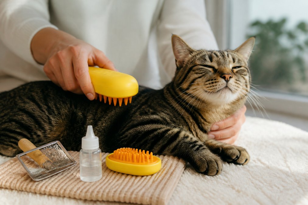 Person's hands gently using a slicker brush on a tabby cat's coat, with the cat appearing calm and relaxed in natural window lighting