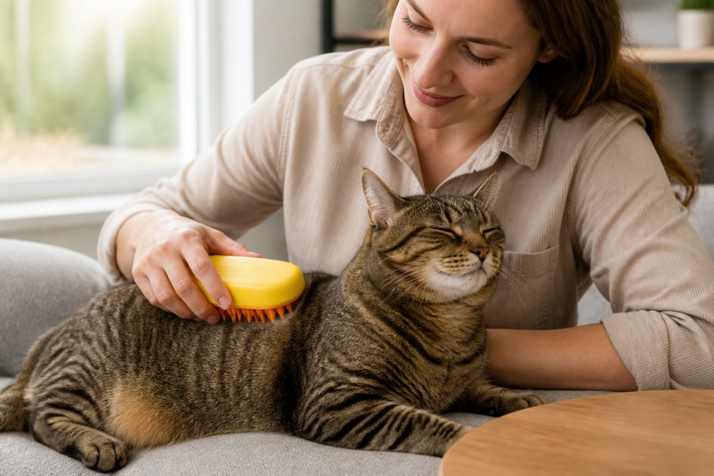 Cat owner gently grooming a tabby cat with a grooming mitt in natural daylight, demonstrating the dry grooming process with the cat appearing comfortable