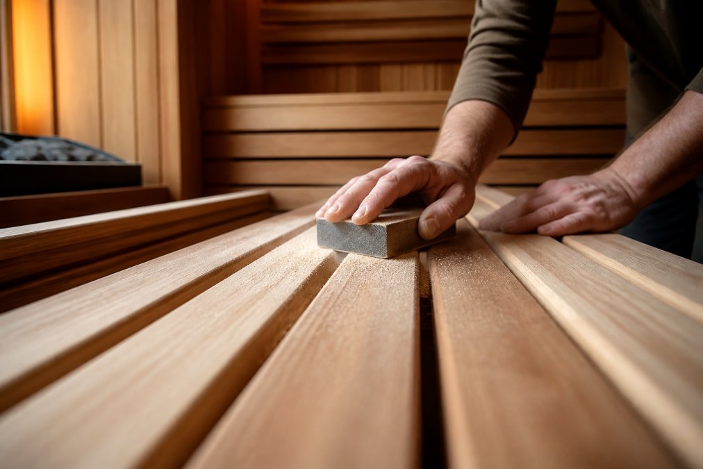 Hands using a sanding block to smooth cedar bench slats in a sauna