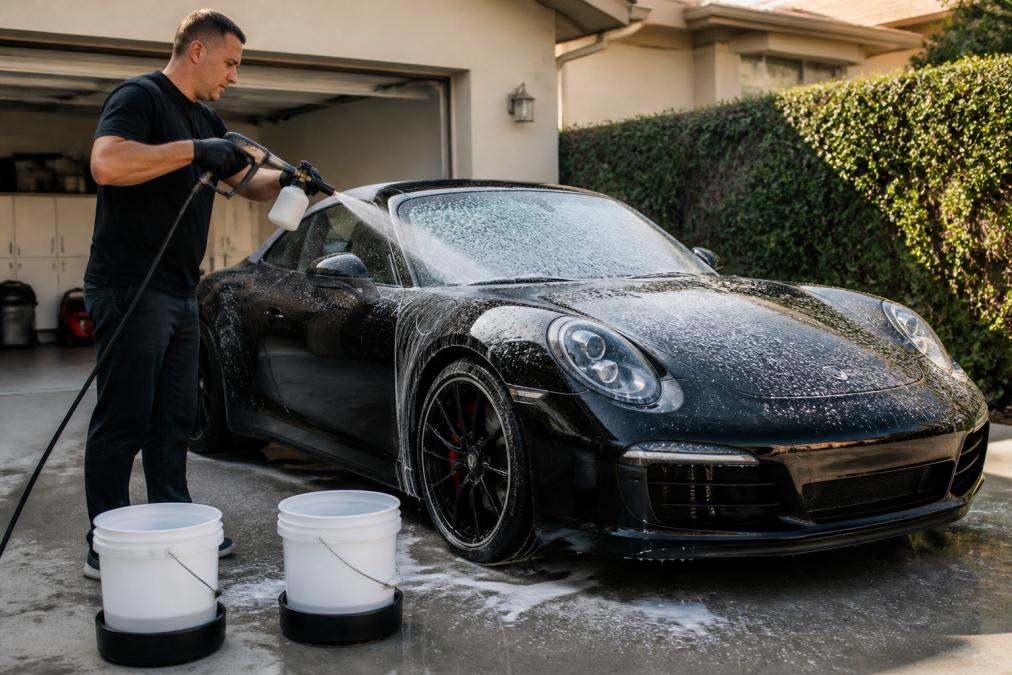 A person wearing microfiber gloves using a foam cannon to pre-wash a glossy black sports car in a driveway, with two buckets visible on the ground and water beading on the paint surface
