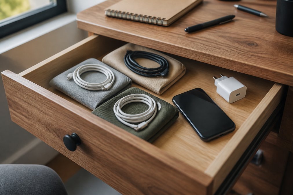 A neat, organised desk drawer showing cables coiled loosely and stored separately in small fabric pouches, with a smartphone and a compact charger brick resting beside them, soft natural window light