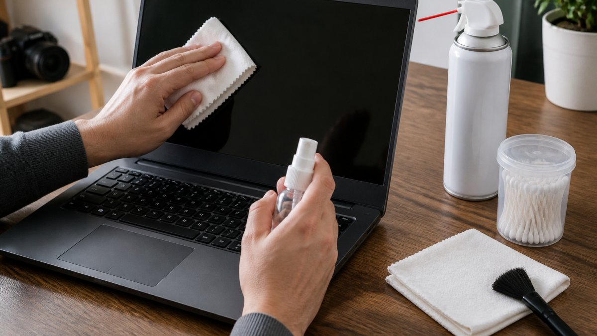 Hands cleaning a laptop screen and keyboard with a cloth, alcohol spray, and compressed air on a wooden desk.