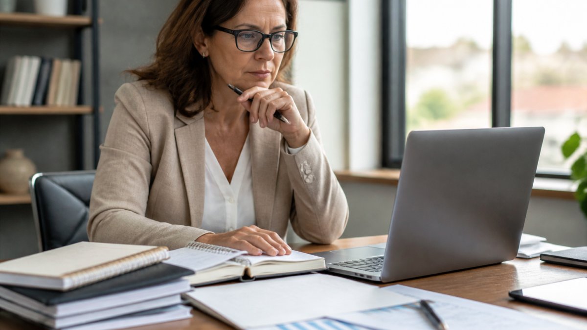 Business professional reviewing CRM data on a computer screen with notebooks and reports scattered across a modern office desk, natural window lighting