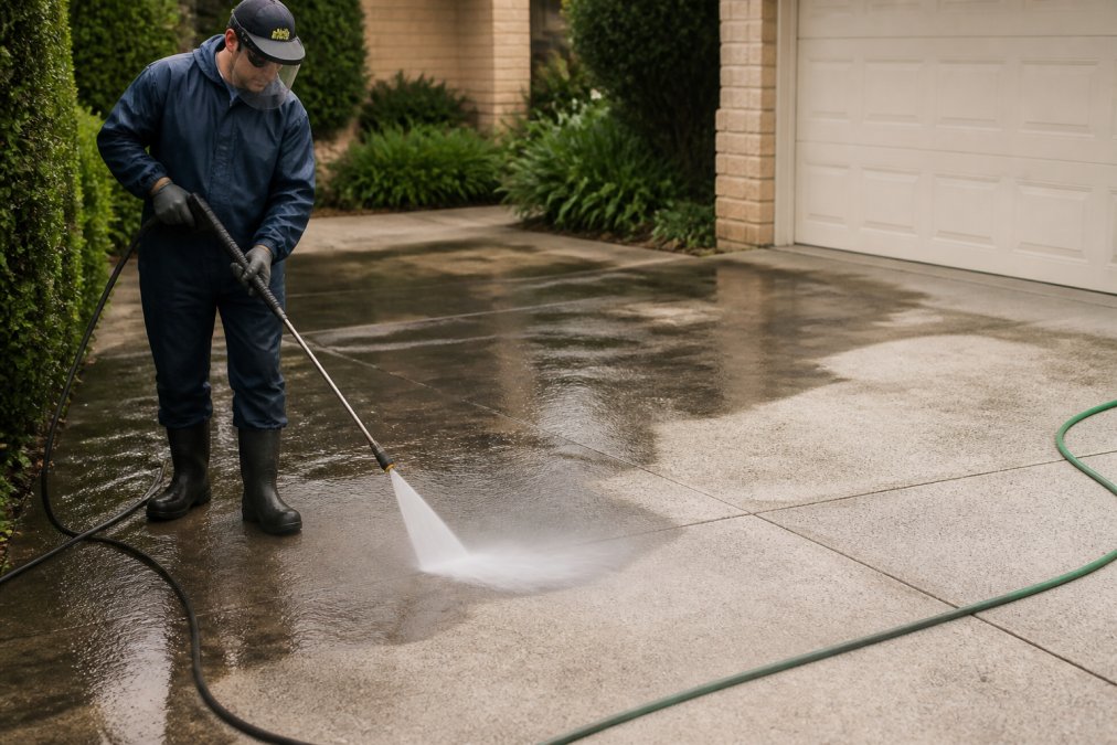 Person wearing protective gear using a pressure washer to clean exterior surfaces on a concrete driveway