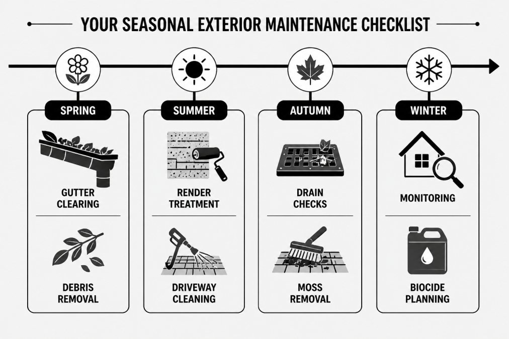 Timeline diagram showing four seasons with tasks: spring gutter clearing and debris removal, summer render treatment and driveway cleaning, autumn drain checks and moss removal, winter monitoring and biocide planning