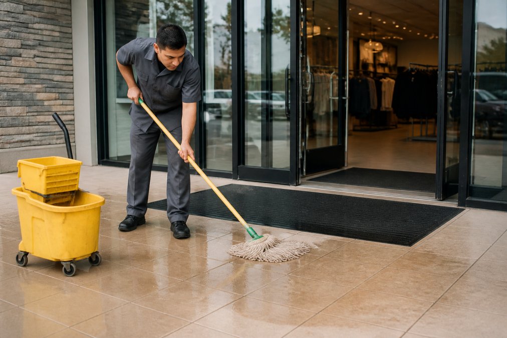 A commercial property manager in work clothes mopping a tiled storefront entryway during morning setup, with glass doors and entry mats visible behind them