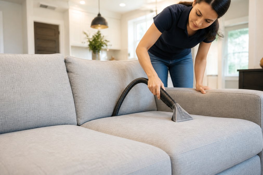 A person using a vacuum with an upholstery attachment on a light gray sofa in a bright living room