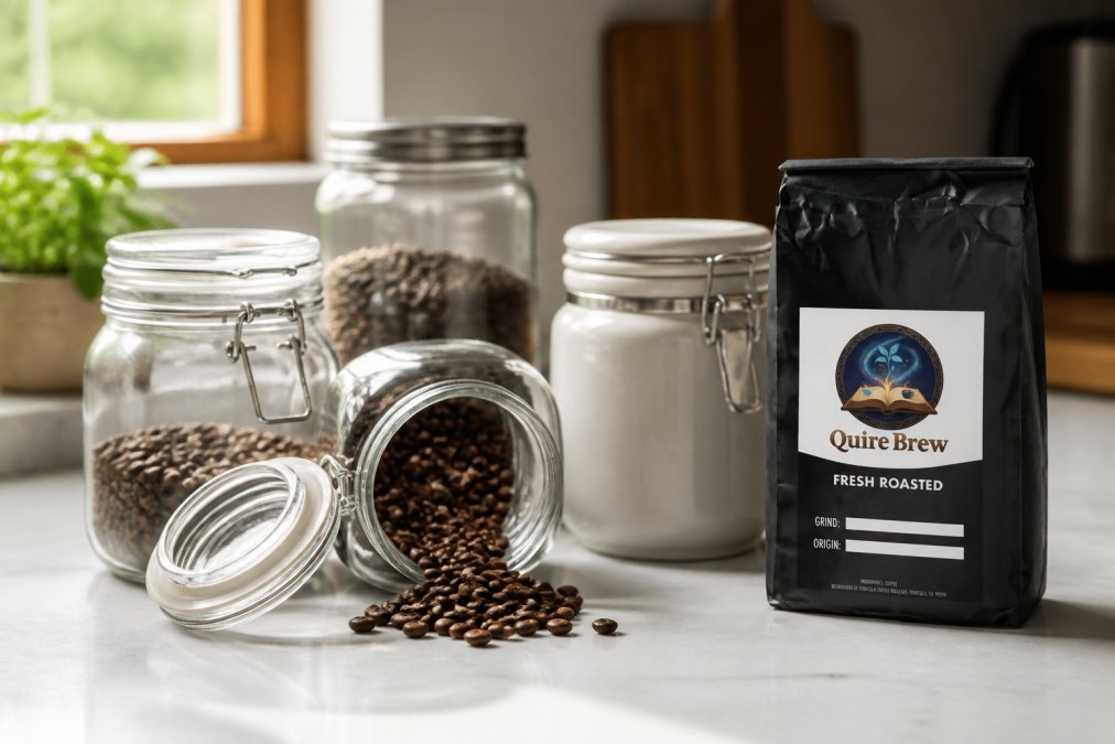 Close-up of several airtight glass and ceramic coffee storage containers on a clean kitchen countertop, one open with whole coffee beans spilling slightly, natural light from a nearby window