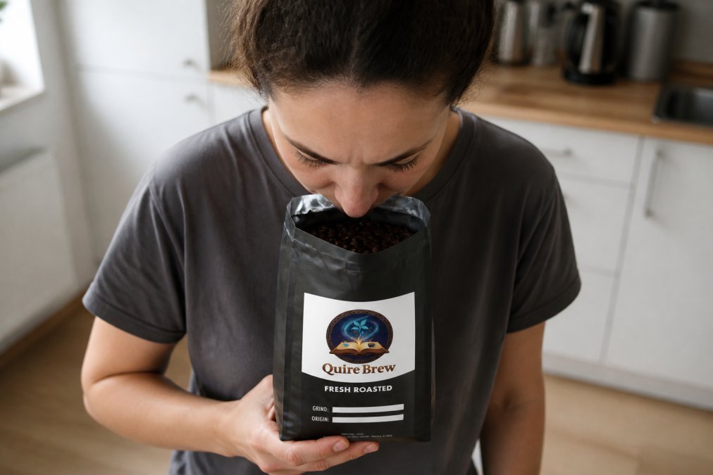 Overhead shot of a person sniffing an open bag of coffee beans with a slightly disappointed expression, muted kitchen background, natural daylight, beans visible inside the bag