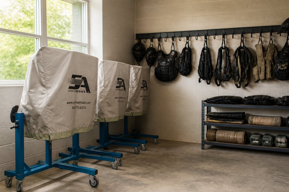 Combat training equipment neatly organized in well-ventilated storage area with gear laid flat or hung on wall-mounted racks to air dry, natural light entering through window
