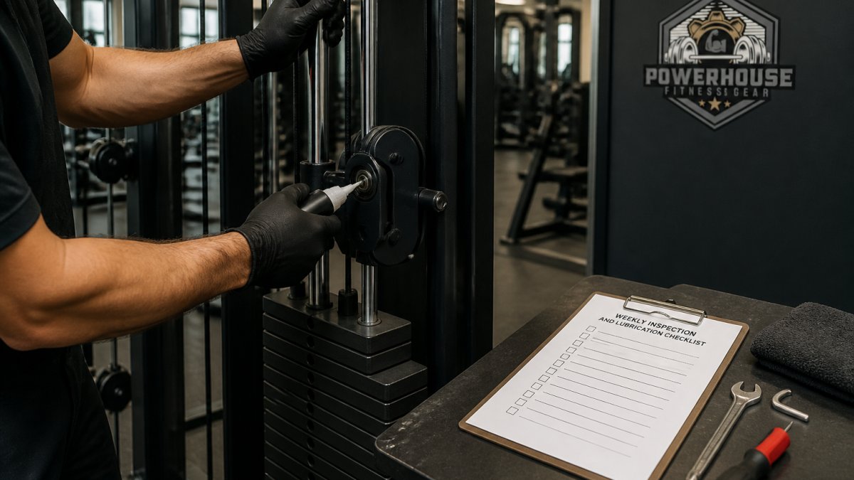Technician applying lubricant to gym machine guide rods to maintain commercial gym equipment properly.
