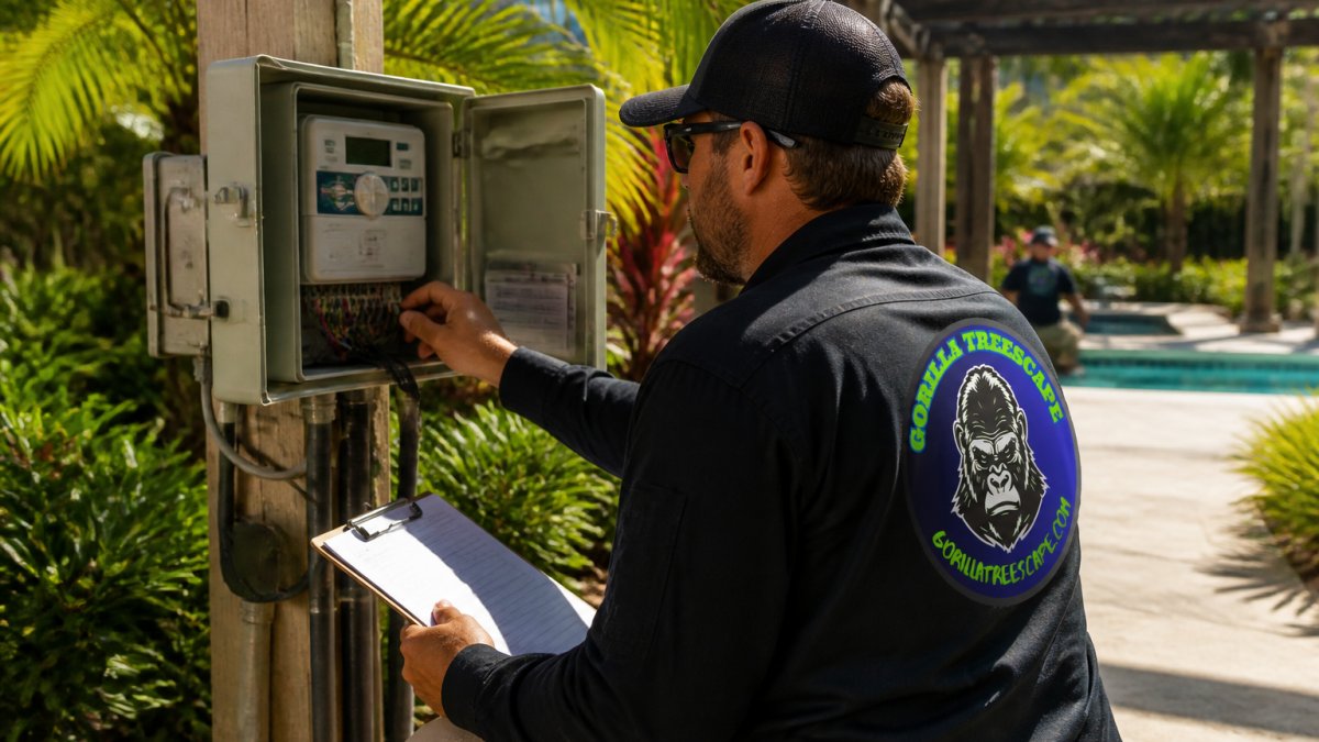 Property manager checking an irrigation controller to maintain commercial irrigation systems outdoors.
