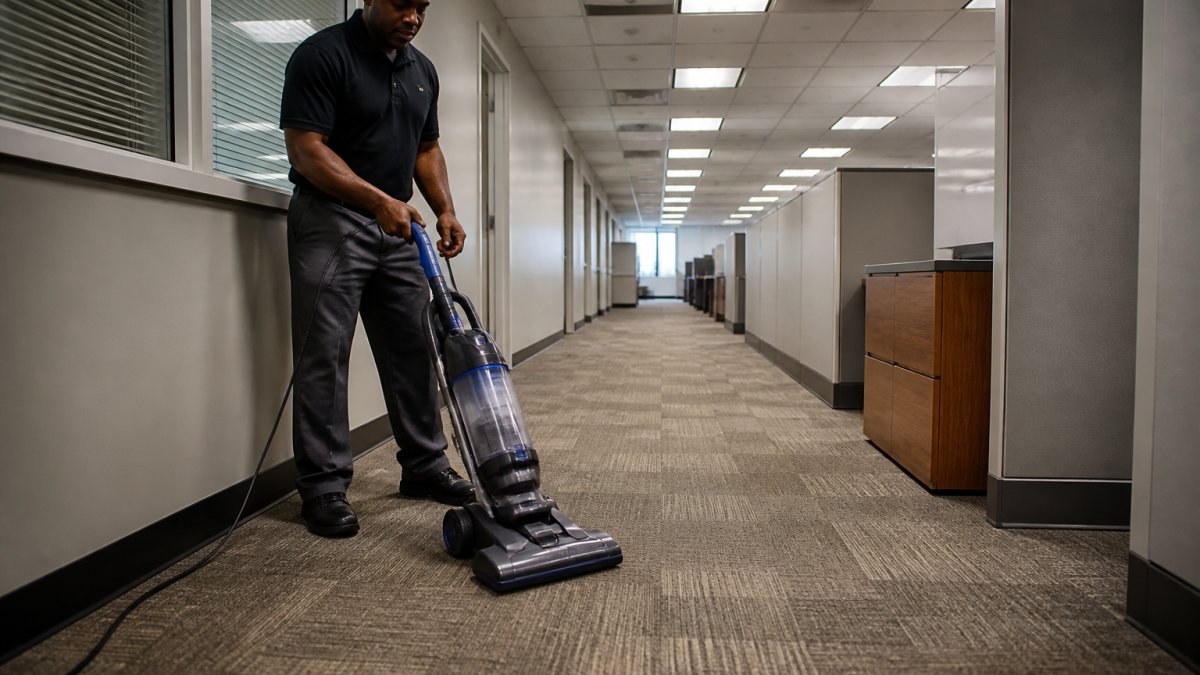 Commercial-grade upright vacuum being used in a busy office hallway with high-traffic carpet areas visible under fluorescent lighting