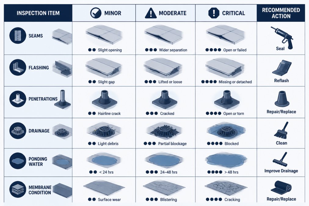 Inspection checklist matrix showing items (seams, flashing, penetrations, drainage, ponding water, membrane condition) with severity levels (minor, moderate, critical) and recommended actions