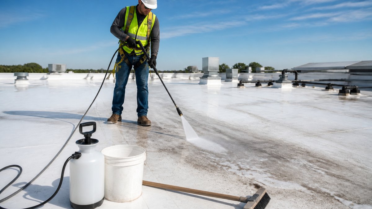 Professional in safety harness and reflective vest performing low-pressure cleaning on TPO membrane surface with spray equipment and clear safety protocols visible