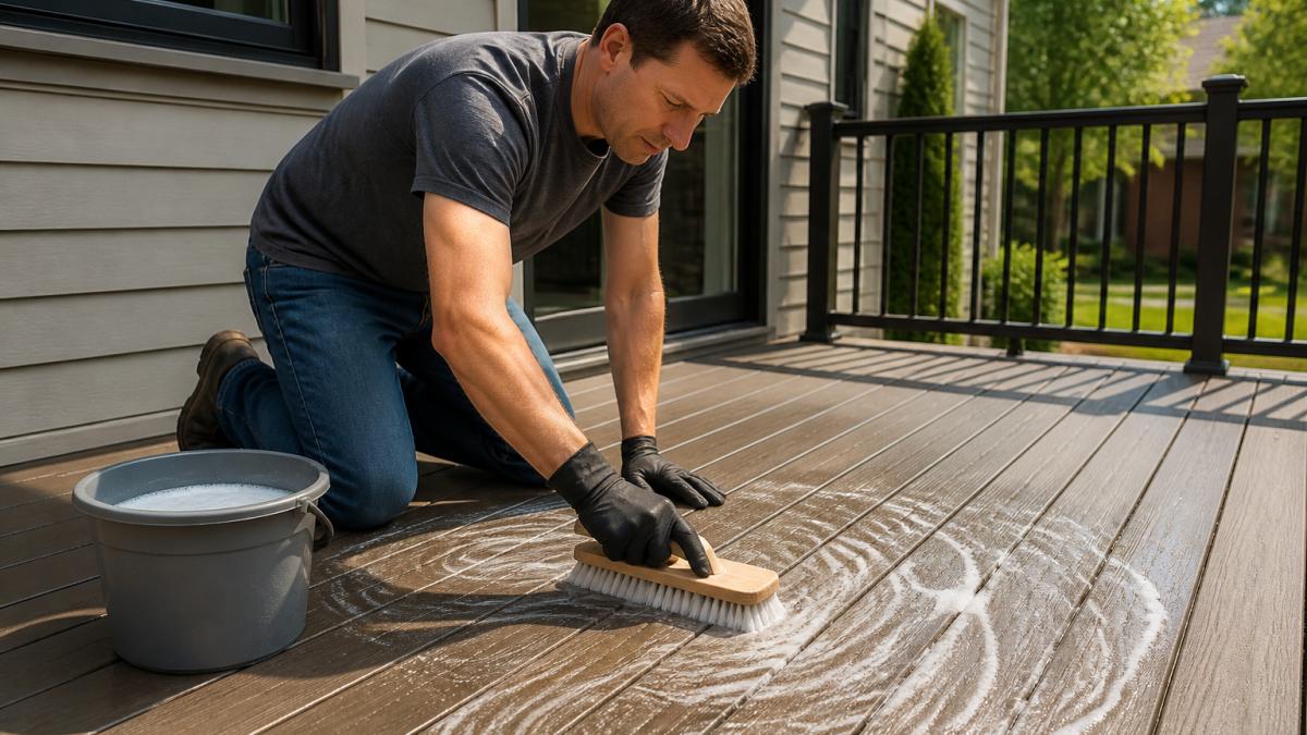 Homeowner using a soft-bristle brush and soapy water to scrub composite deck boards on a sunny day, showing proper scrubbing technique with circular motions