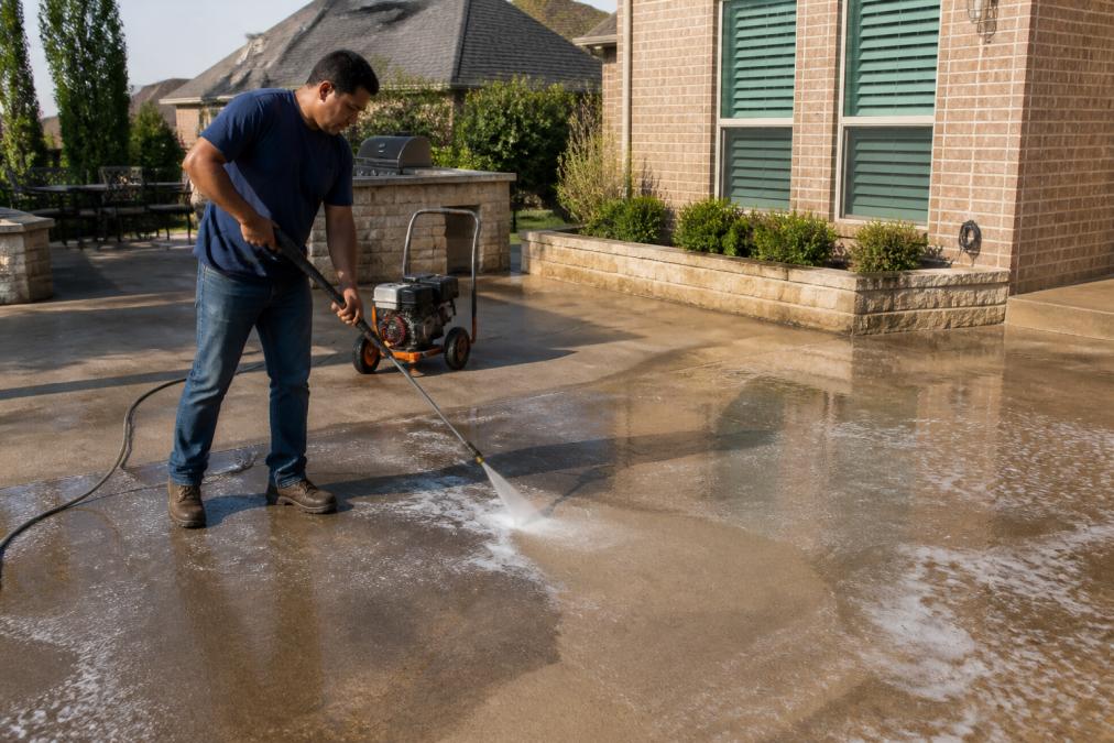 A homeowner in casual clothes using a gas-powered pressure washer to clean a large concrete patio, holding the wand at a consistent angle with water and suds visibly lifting dirt from the surface, bright afternoon sunlight