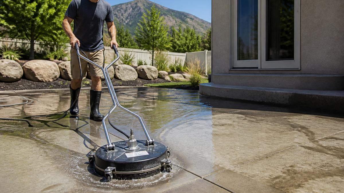 Homeowner using a surface cleaner on a concrete patio on a sunny day, showing the equipment and technique in action