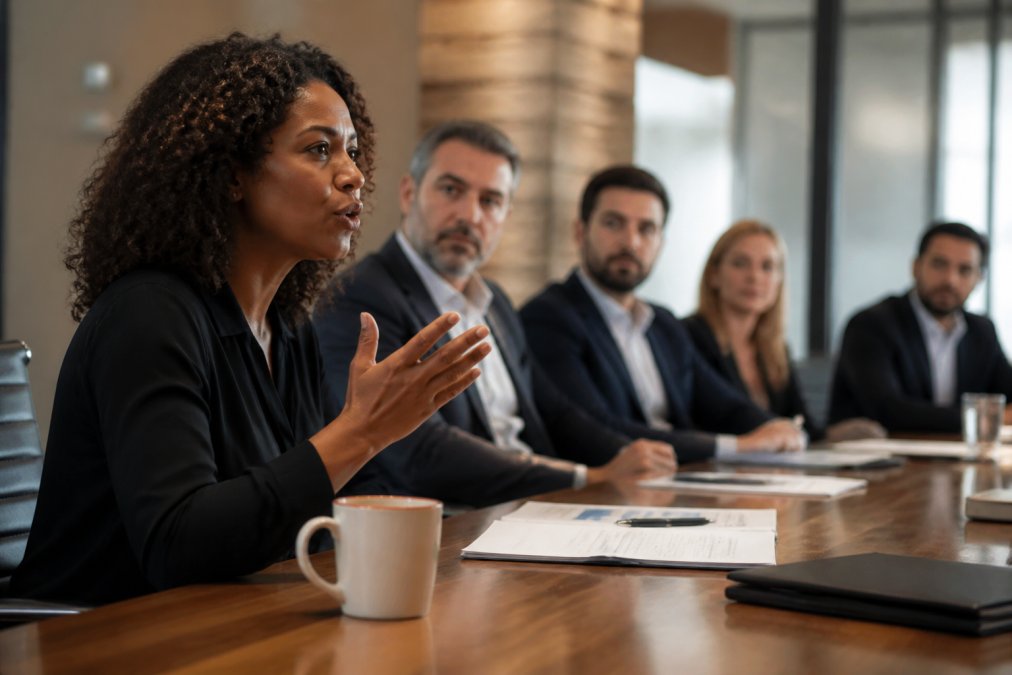 A woman speaking confidently at a conference table while colleagues listen, her coffee mug resting in the foreground under warm office lighting