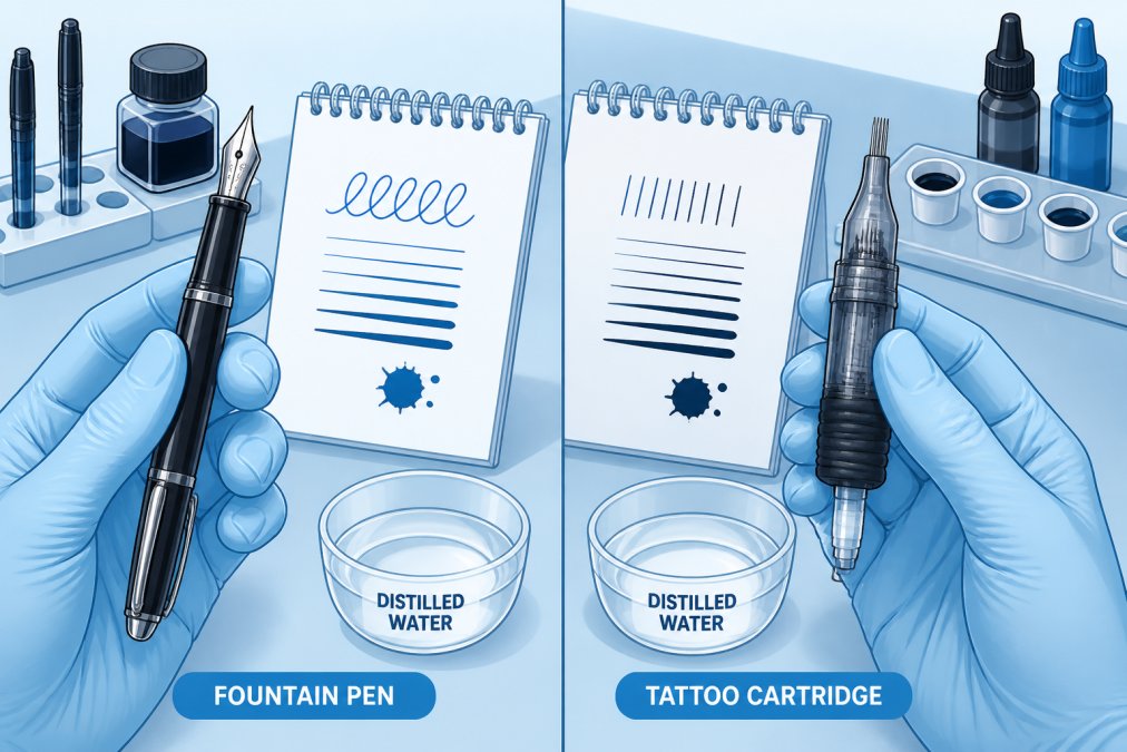 Close-up of hands holding a fountain pen and a tattoo cartridge side by side on a clean workbench, with a notepad showing a writing sample and a small bowl of distilled water nearby