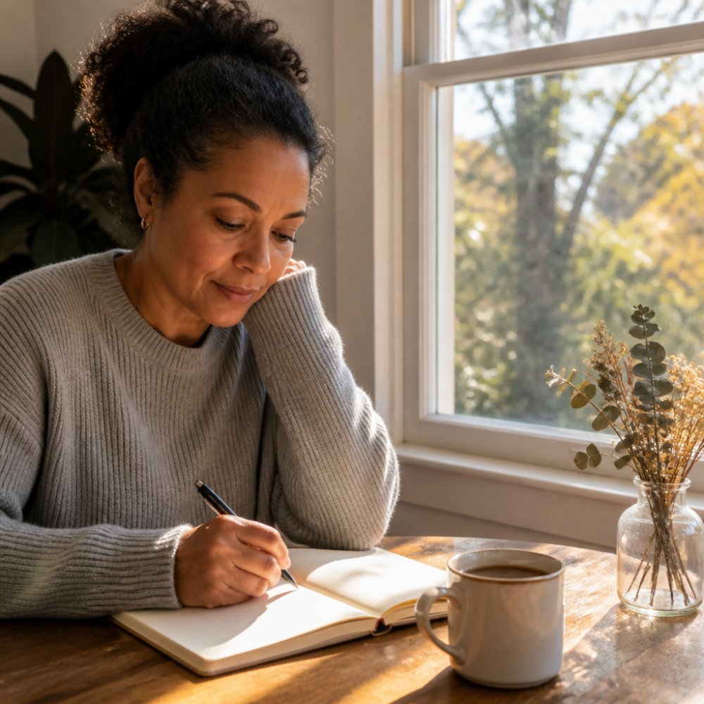 Person sitting at a morning coffee table with an open journal, pen in hand, natural light streaming through a window, peaceful and unhurried moment