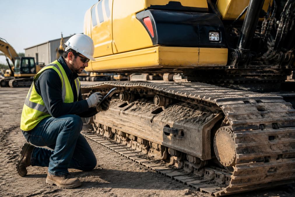 A technician in a hard hat and work gloves using a digital tablet to inspect the tracks and undercarriage of a yellow excavator on a sunlit job site