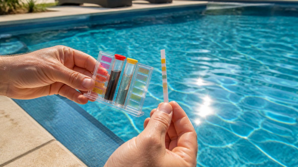 Close-up of hands holding a water testing kit and test strips over crystal clear pool water, with bright sunlight reflecting off the pool surface and deck chairs visible in the blurred background