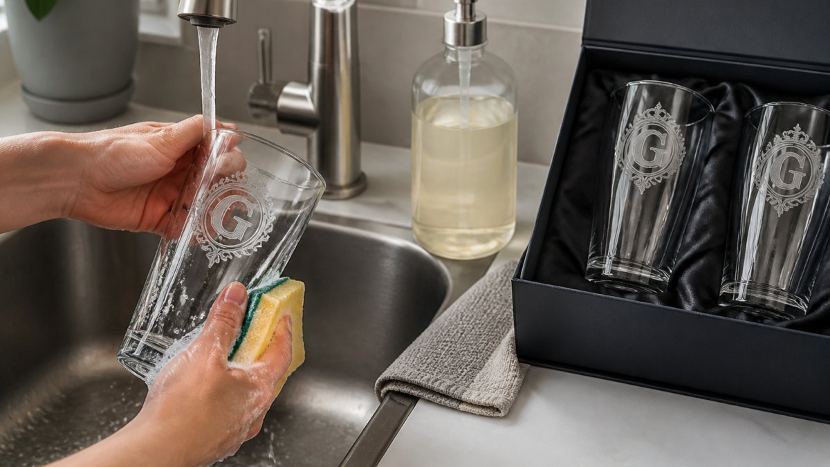 Close-up of hands gently washing a printed beer glass under warm running water in a stainless steel sink, with a soft sponge and mild detergent nearby, logo clearly visible on the glass