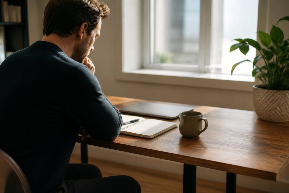 Person sitting at a clean, organized desk with a laptop to maintain deep focus in a quiet, sunlit room.