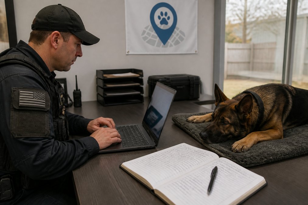 K9 handler reviewing digital K9 training records on a laptop next to a resting police dog and handwritten logs