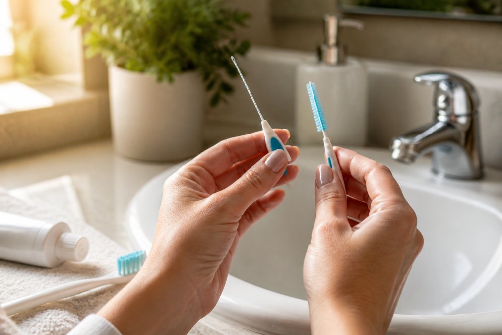 Hands holding a bridge threader and interdental brush to clean dental bridges by a bathroom sink.