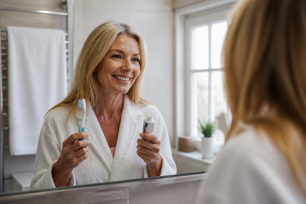 A person in a bright bathroom holding a soft-bristled toothbrush and a tube of fluoride toothpaste, smiling gently as they prepare to brush their teeth