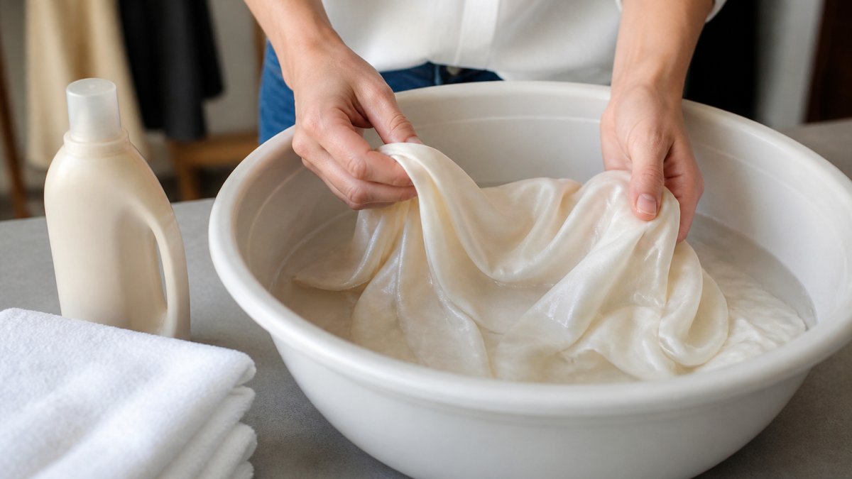 Hands gently washing a delicate silk garment in a basin of cold water with gentle detergent nearby