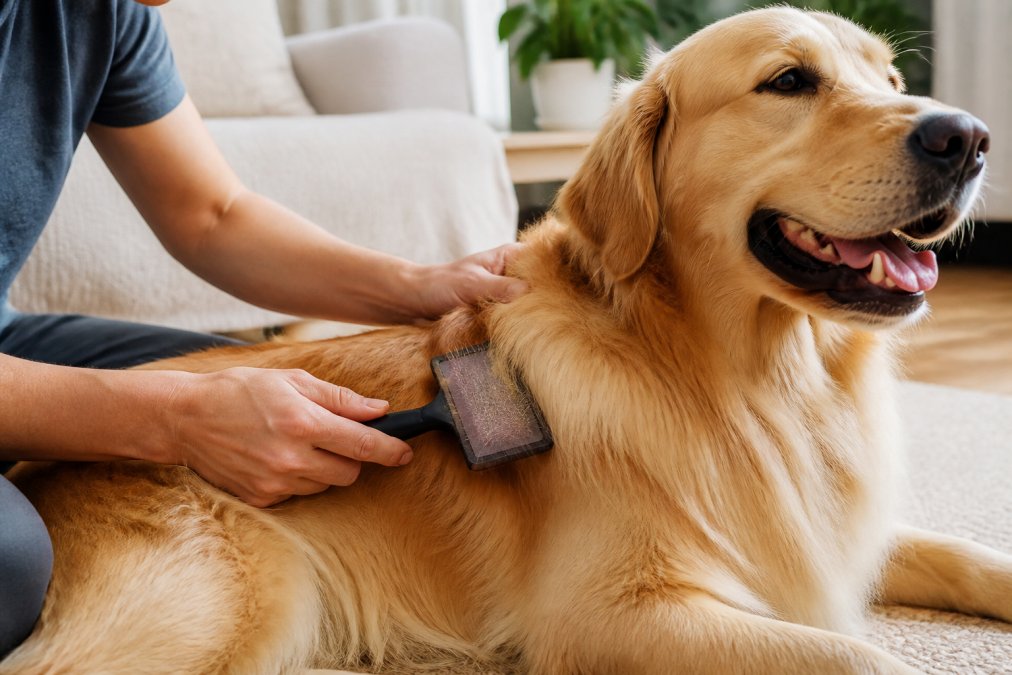A person's hands demonstrating proper slicker brush technique on a fluffy golden retriever's coat, showing the brush working through the undercoat with the dog's relaxed expression in a bright home setting