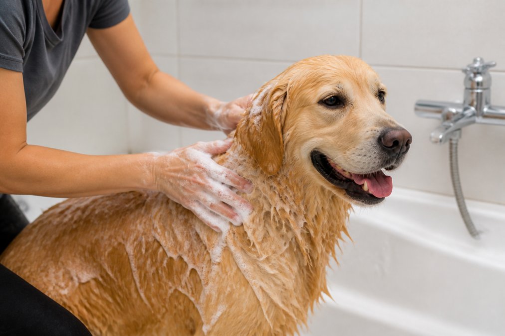 A golden retriever being gently bathed with warm water and pH-balanced shampoo in a home bathroom, showing proper water temperature and gentle hand-washing technique with the dog's calm demeanor