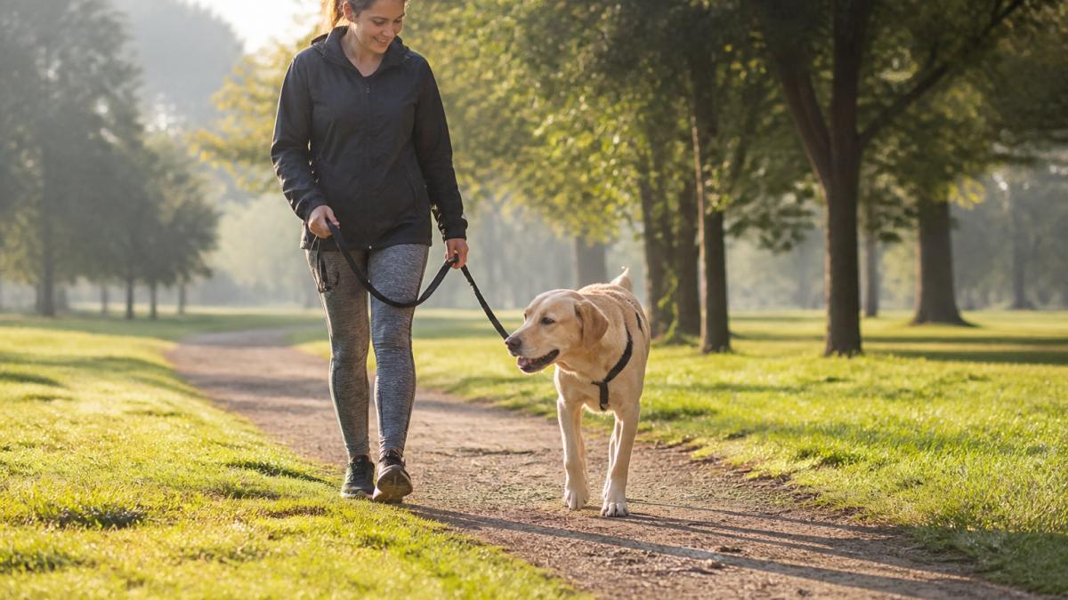 A pet owner gently guiding a medium-sized dog through a slow walk on a grassy park path, with a leash and a calm, encouraging posture in soft morning light