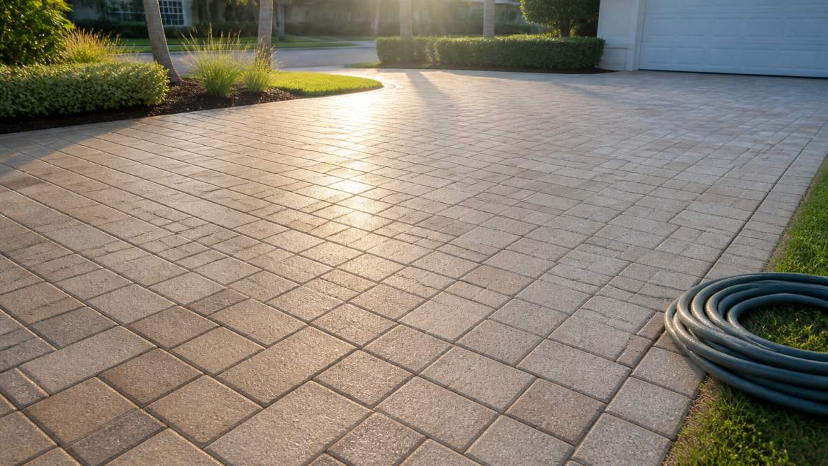 A freshly cleaned concrete paver driveway with visible joint lines, a garden hose coiled at the edge, and morning sunlight raking across the surface