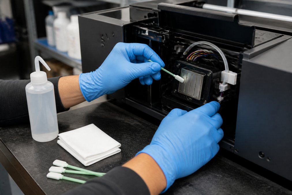 Close-up of hands wearing nitrile gloves using a foam swab to gently clean a DTF printer printhead inside a print shop, with cleaning fluid bottle and lint-free cloths on the workbench nearby