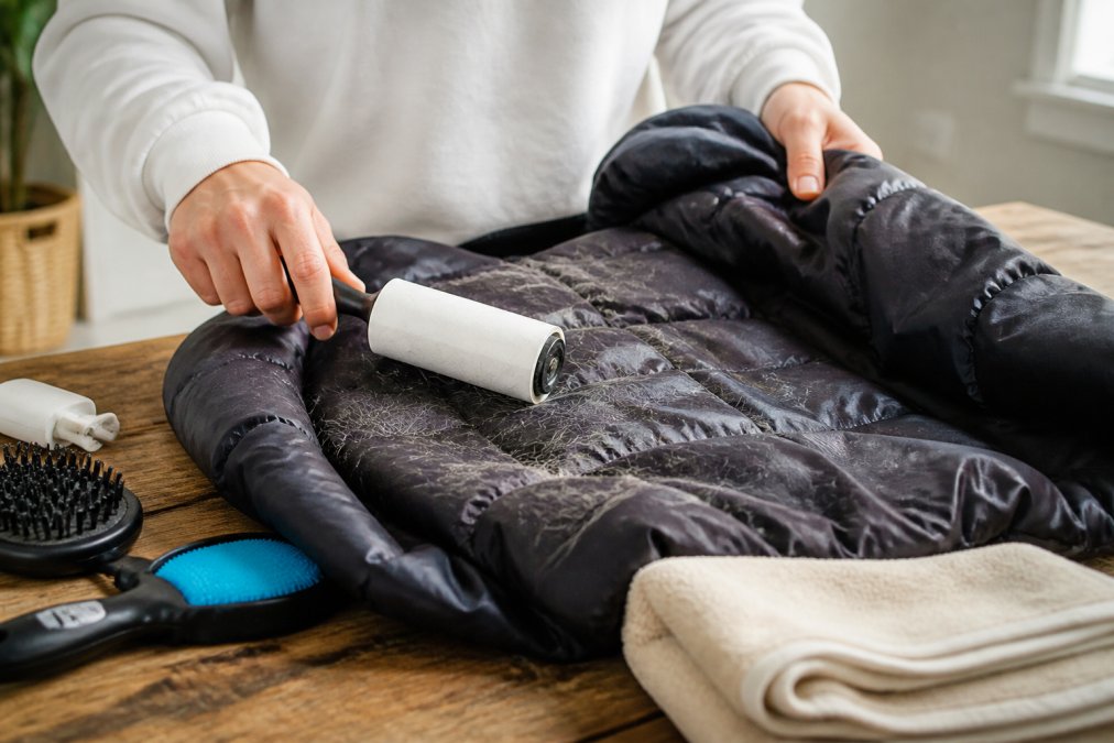Close-up of hands using a lint roller on a reflective pet winter coat, removing white and tan pet hair from the fabric surface in natural lighting