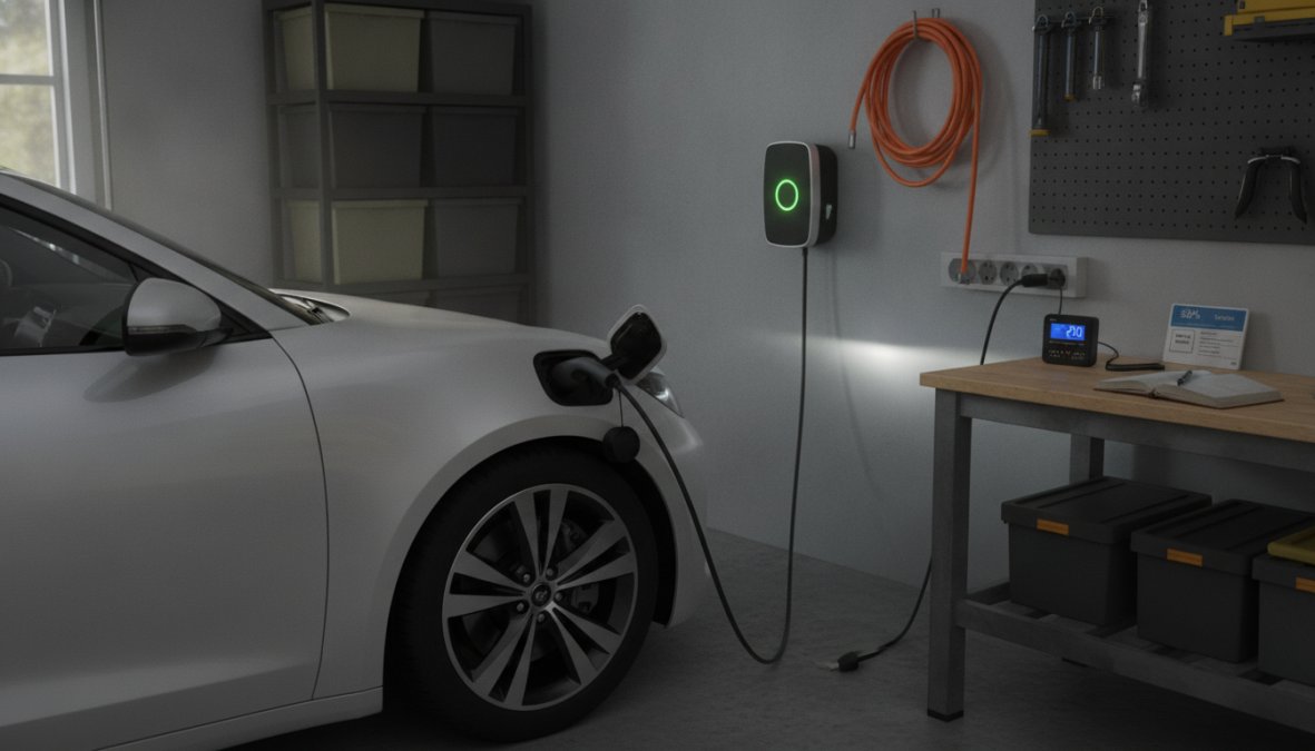 Close-up of a black electric car charging cable plugged into a vehicle's charging port at a residential home charging point, with a smartphone on the car bonnet displaying a green charging status screen, shot in soft evening light