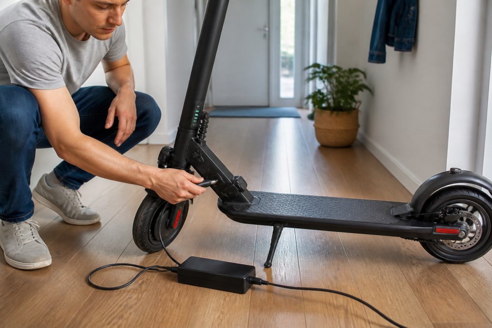 A person plugging a charger into the charging port of an electric scooter parked in a bright apartment hallway, with the scooter's display showing a partial charge level