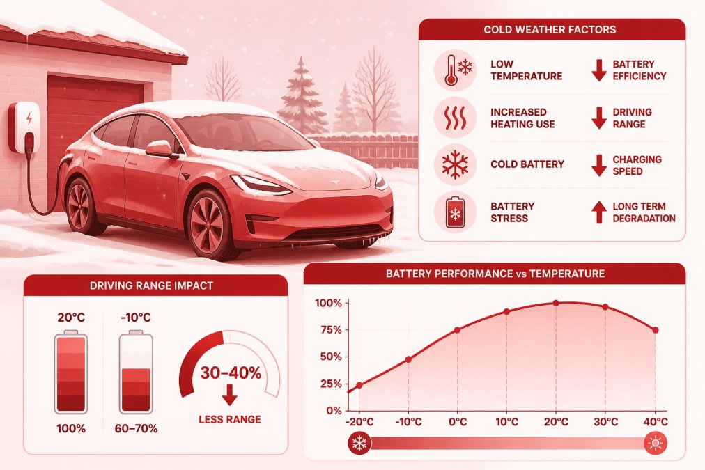 An electric vehicle parked in winter conditions with snow covering the ground and roof, showing environmental factors affecting battery performance in cold weather