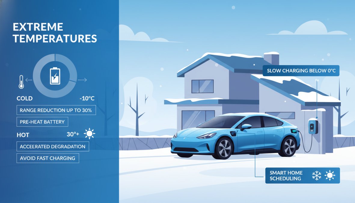 An electric vehicle parked outdoors in a snowy winter setting in the UK, frost covering the ground and windscreen, the car plugged into a home charge point mounted on the side of a brick house, overcast winter sky in the background