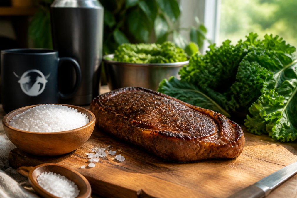 Close-up of grass-fed beef steak, sea salt crystals, and leafy greens arranged on a wooden cutting board with natural morning light