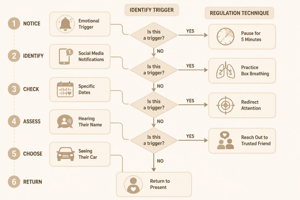 Flowchart showing decision tree for identifying emotional triggers (social media notifications, specific dates, hearing their name, seeing their car) with corresponding regulation techniques (pause for 5 minutes, practice box breathing, redirect attention to present task, reach out to trusted friend)