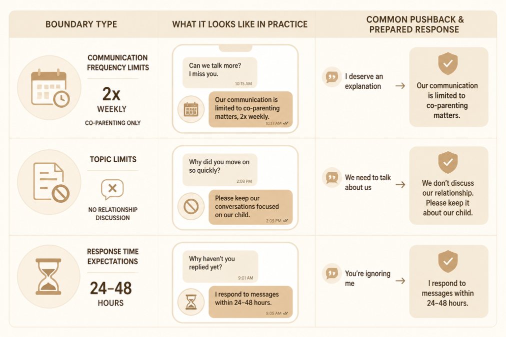 Boundary-setting matrix showing three columns: boundary type (communication frequency limits set at 2x weekly for co-parenting only, topic limits excluding relationship discussion, response time expectations set at 24-48 hours), what it looks like in practice (example texts and responses), and common pushback tactics with prepared responses (such as "I deserve an explanation" → "Our communication is limited to co-parenting matters")